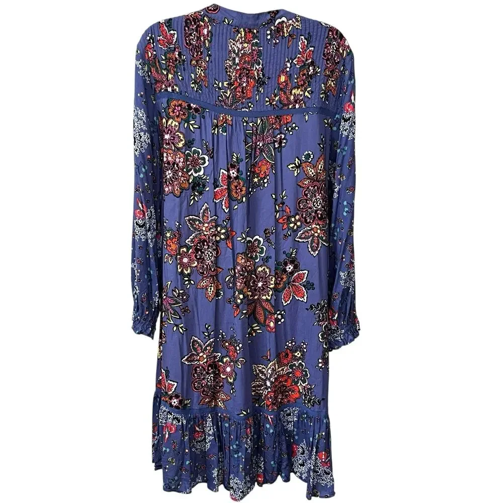 Anthropologie Diana Pintucked Tunic Dress Sz S Ruffled Hem Bubble Sleeve Floral - Picture 3 of 12